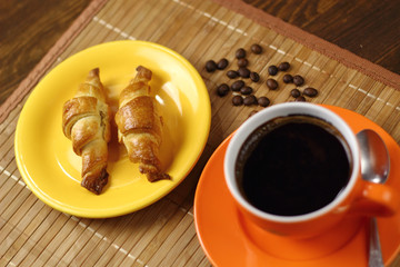 Coffee Cup and Croissant Cookie. Breakfast.