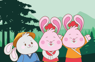 Fototapeta premium Rabbits celebrating mid autumn festival cartoons