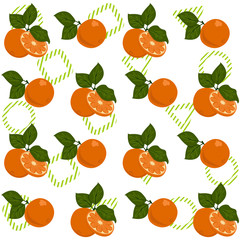 Seamless vector pattern with oranges on the background of green stripes, arranged in the form of a triangle, a circle and a square.