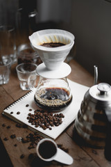 Drip Coffee Black coffee brewed in low light in the house