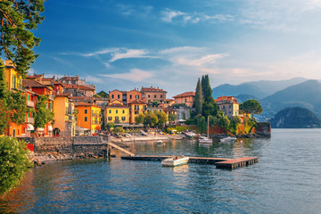 Varenna scenic sunset view in Como lake, Italy. - obrazy, fototapety, plakaty