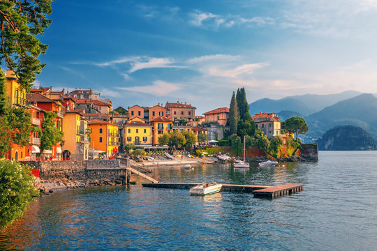 Varenna scenic sunset view in Como lake, Italy.