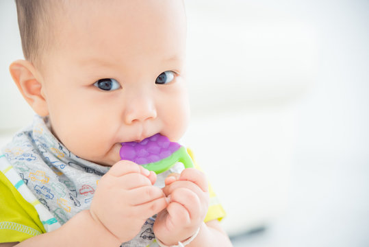 Little Asian Baby Biting Plastic Teether And Looking At Camera