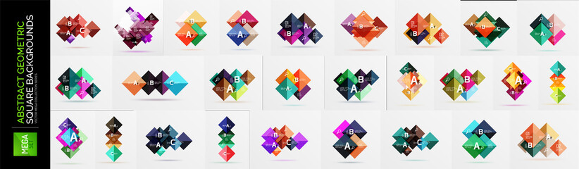 Mega set of square shapes geometric abstract backgrounds for infographic banners. Glossy rectangles or blocks overlapping, flying and repeating compositions