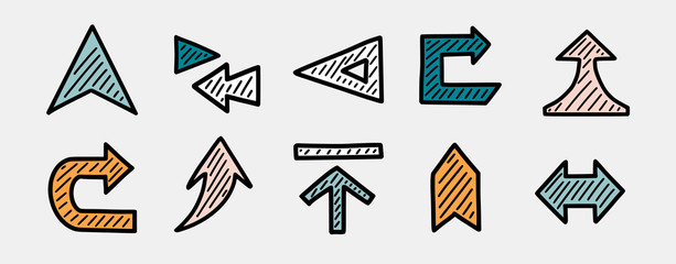 Set of hand drawn arrows. Direction, navigation, download, location and other concept icons