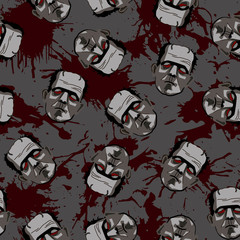 Decorative horror seamless pattern with monster and blood splatter on gray backdrop.
