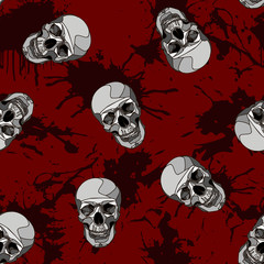 Decorative horror seamless pattern with skulls and blood splatter on red backdrop. Scary skeleton ornament.