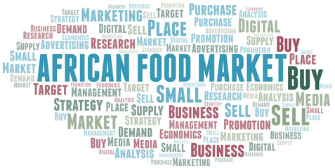 African Food Market word cloud. Vector made with text only.
