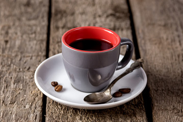 Small Gray Cup of Coffeeon on Old Wooden Background Cup of Espresso Morning Hot Drink Horizontal