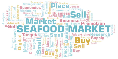 Seafood Market word cloud. Vector made with text only.
