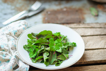 Healthy salad, leaves mix salad (fresh green juicy snack). food background. top. copy space