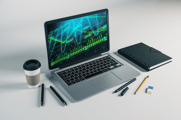 Laptop closeup with forex graph on computer screen. Financial trading and education concept. 3d rendering.