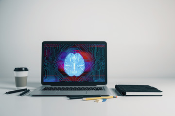 Laptop closeup with brain drawing on computer screen. Big data concept. 3d rendering.
