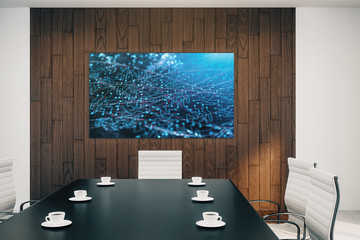 Conference room interior with abstract technology picture on screen monitor on the wall. Data innovation concept. 3d rendering.