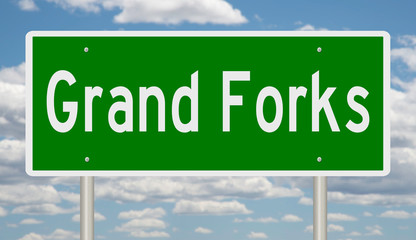 Rendering of a green highway sign for Grand Forks North Dakota