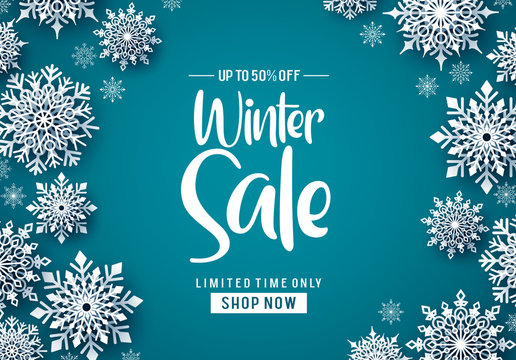 Winter sale vector banner design. Winter sale text promo with white snowflakes element in blue background. Vector Illustration.