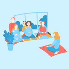 Cartoon Pregnancy courses for couples. Pregnant women practice yoga with husbands. Future mothers support, parenthood club. Parenting training