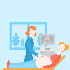 Pregnancy examination. Pregnant woman ultrasound, healthcare and maternity diagnostic. Gynecologist doctor monitoring patient belly in clinic