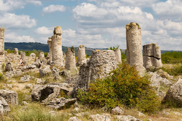 Fototapeta na wymiar Planted stones, also known as The Stone Desert. Landforms of Varna Province. Rock formations of Bulgaria. Stone forest. 