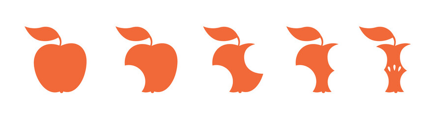 Red apple fruit bite stage set. From whole to apple core. Bitten and eaten. Animation progression. Flat silhouette vector illustration.
