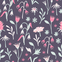 Hand Drawn Vector Seamless Floral Pattern with Flowers and