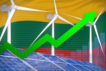 Lithuania solar and wind energy rising chart, arrow up - environmental natural energy industrial illustration. 3D Illustration