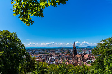 Germany, Above roofs and ancient gothic minster building of popular student city freiburg im...