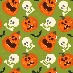 Obraz premium Halloween holiday seamless pattern background with cute elements - pumpkin, bat and skull. Vector illustration RGB