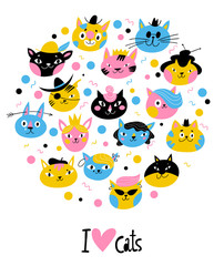 Cute vector design with characters of cats and kittens with I love you text.