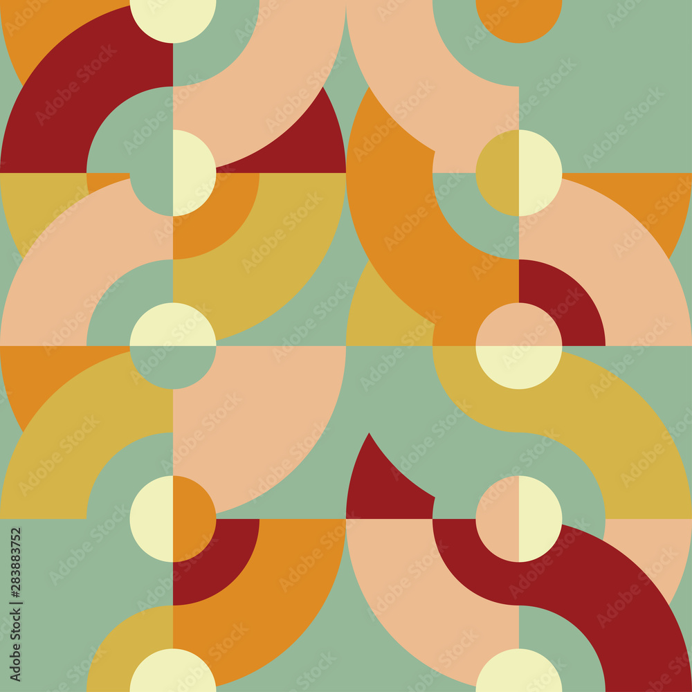 Poster Geometric vector seamless pattern in retro style . Modern background with circles and semicircles inspired by midcentury design.