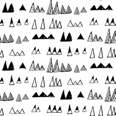 Triangles or stylized mountains backdrop. Hand drawn vector geometric seamless pattern in black on white background.