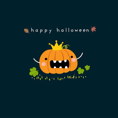 Happy Halloween card with cute pumpkin cartoon.