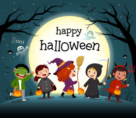 Halloween night background with group of kids in costume party.