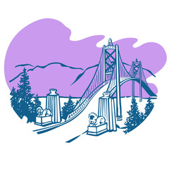 Lions Gate bridge with two lying lion statues & the towers leading over to a mountain range