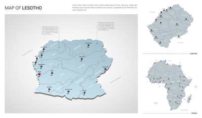 Vector set of Lesotho country.  Isometric 3d map, Lesotho map, Africa map - with region, state names and city names.