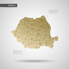 Stylized vector Romania map.  Infographic 3d gold map illustration with cities, borders, capital, administrative divisions and pointer marks, shadow; gradient background. 
