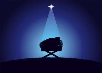 Fototapeta na wymiar Christmas scene of baby Jesus in the manger in silhouette, surrounded by light of star. Christian Nativity greeting card with illustration birth of Christ, vector banner