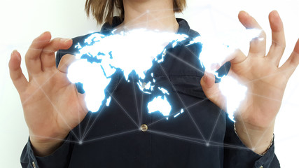 Businessman on blurred background using world map interface