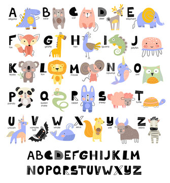 Funny Alphabet for young children with names and pictures of animals assigned to each letter. Learning English for kids concept with a font in black capital letters in vector