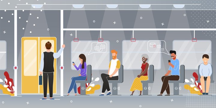 Passengers in Subway Train Wagon Vector Concept