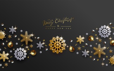 Black Christmas Design, Realistic Gold and Silver ball, White and Golden Foil Snowflake