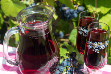 Glass jug with red wine and wine glass on the table. Wine in a carafe with ripe grapes of a...