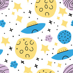 Childish seamless pattern with hand drawn space