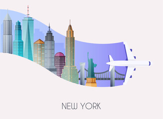 Travel to New York. Traveling on airplane, planning a summer vacation, tourism and journey objects and passenger luggage. Flat design modern vector illustration concept.