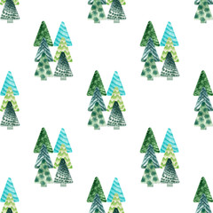 Watercolor background with stylized Christmas trees