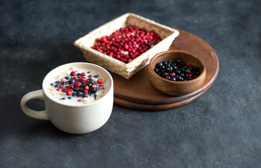 Granola with wild berries, lingonberries and blueberries. Mug breakfast.