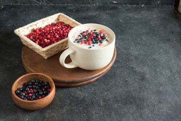Granola with wild berries, lingonberries and blueberries. Mug breakfast.
