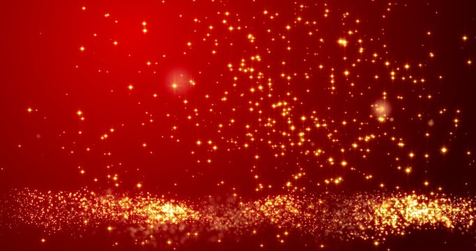 Golden confetti bokeh lights on the red background. 3d render