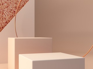 Cream colors shapes on pastel colors abstract background. Minimal  boxes podium. Scene with geometrical forms. Empty showcase for cosmetic product presentation. Fashion magazine. 3d render. 