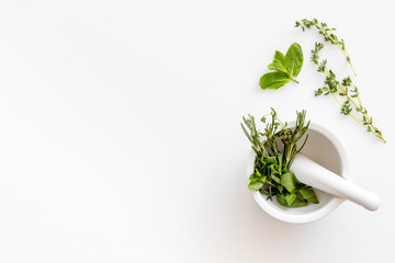 Store up medicinal herbs on white background top view space for text